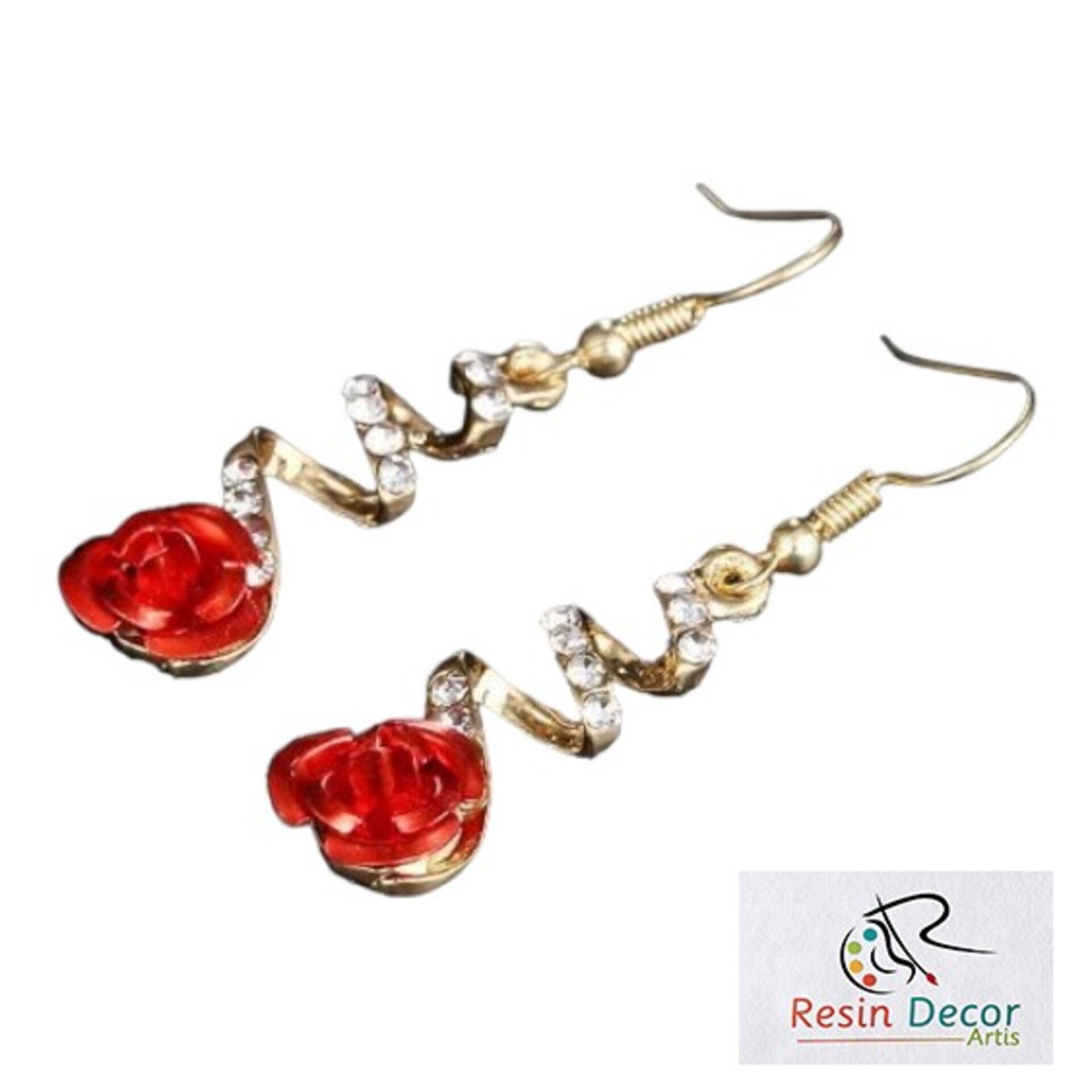Pendientes con forma de rosa roja y diamantes de imitación - Chapados en oro - 3