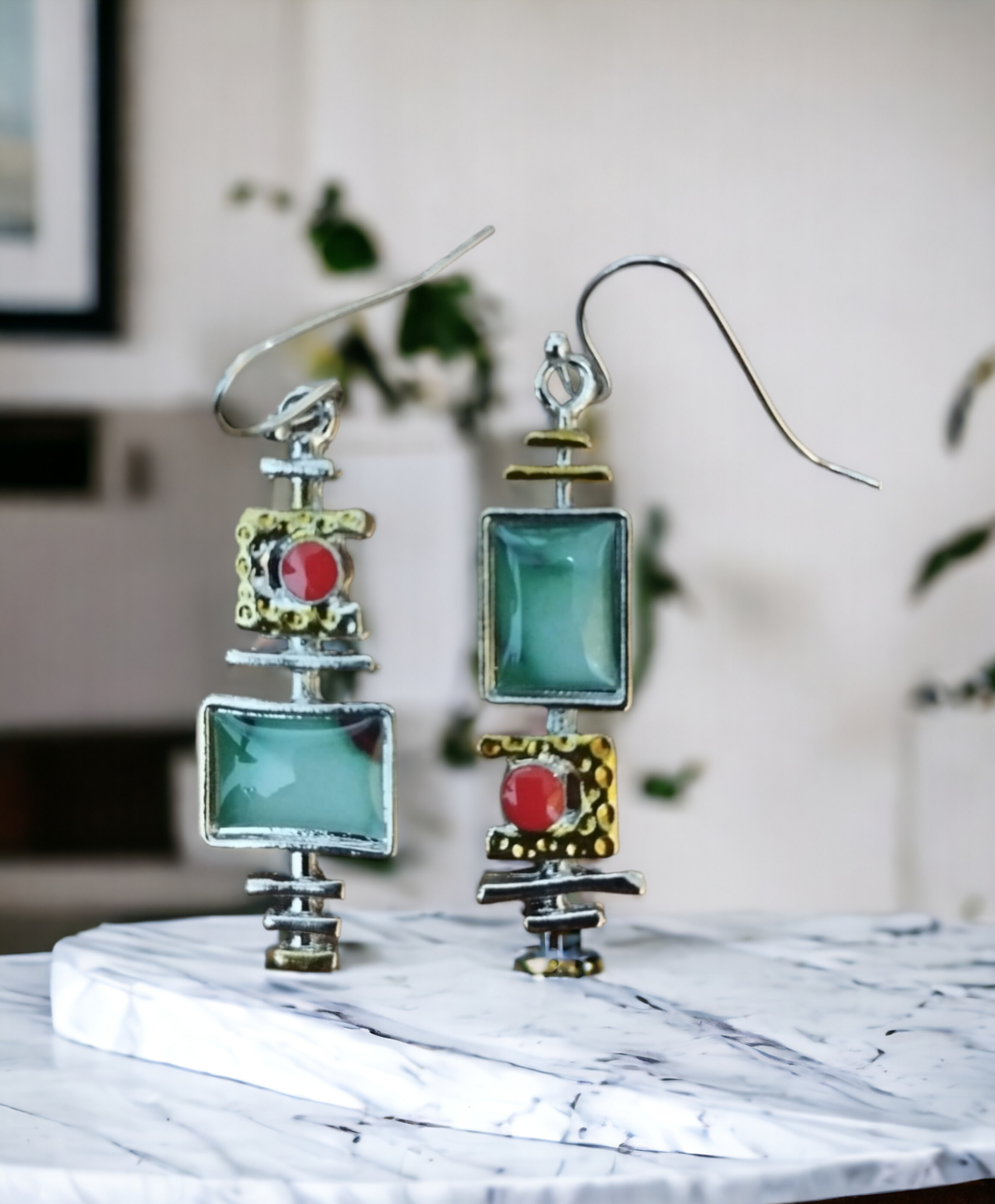 Pendientes Boho Vintage Geométricos con Ópalo Verde  Resina Epoxi: Encanto Retro - 3