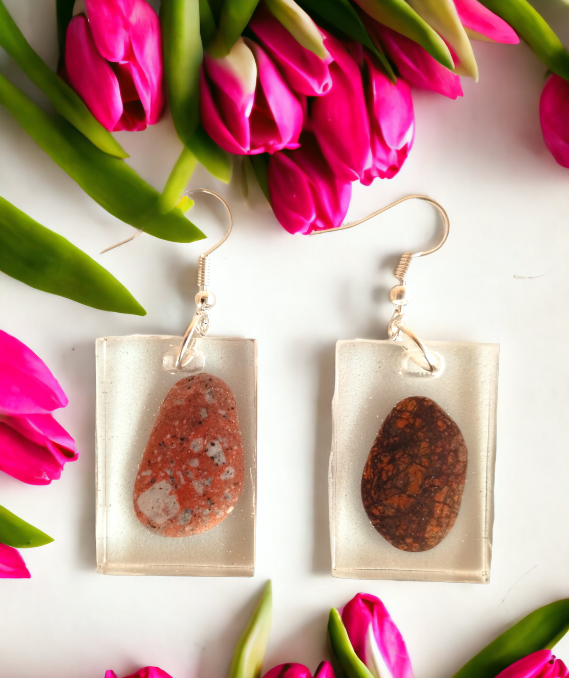 Pendientes Rectangulares con Piedrecitas de Almería - Encapsuladas en Resina - 3