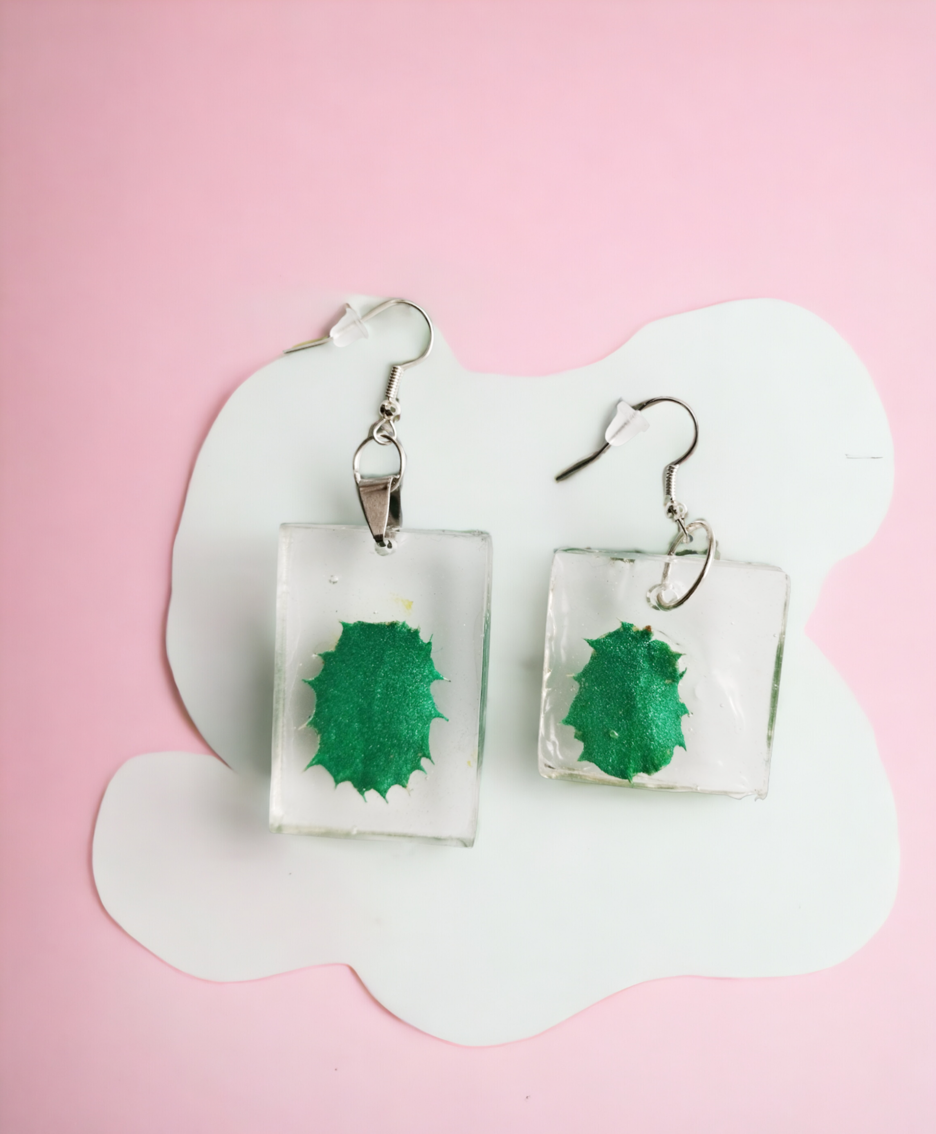Pendientes Cuadrados y Rectangulares con Hojas de Encina en Resina Epoxi Verde - 3