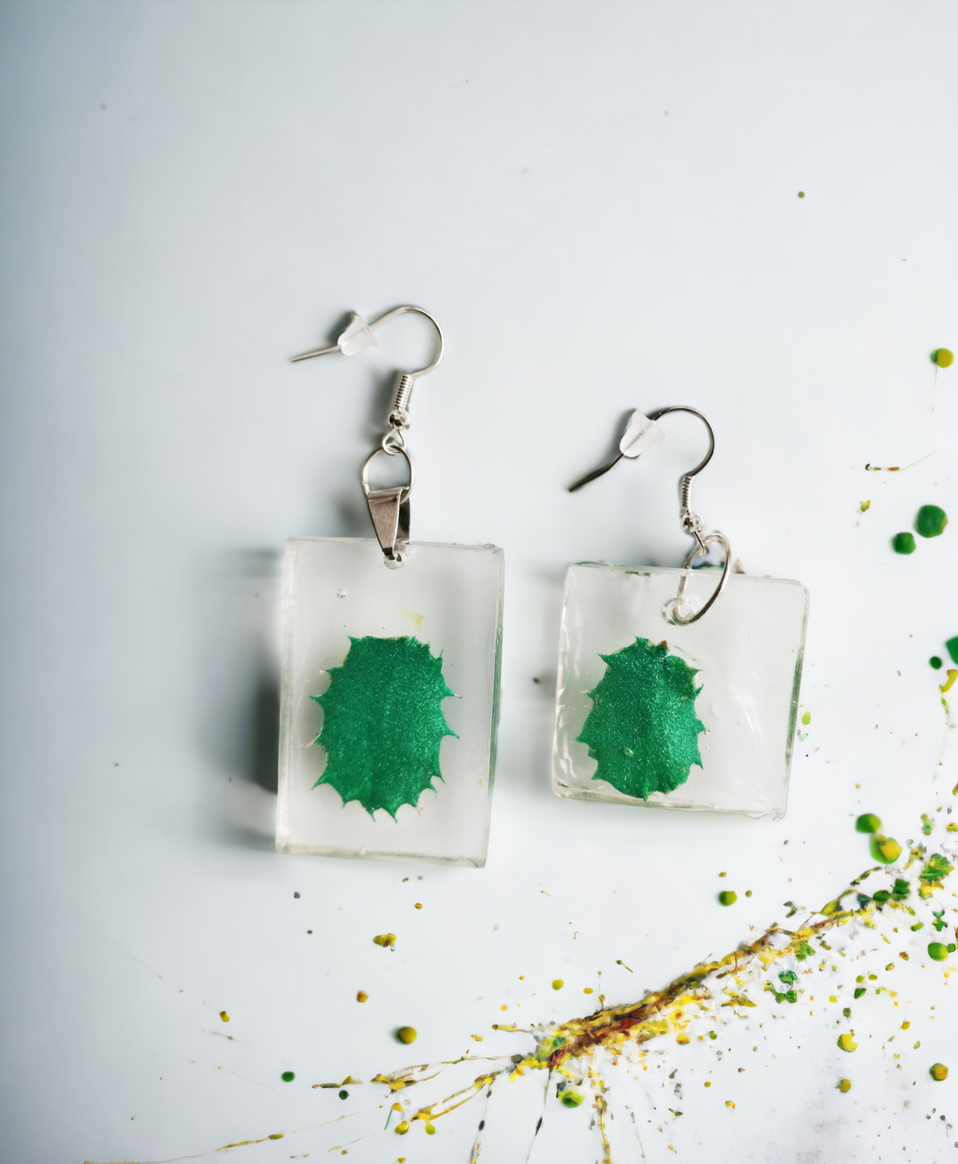 Pendientes Cuadrados y Rectangulares con Hojas de Encina en Resina Epoxi Verde - 8