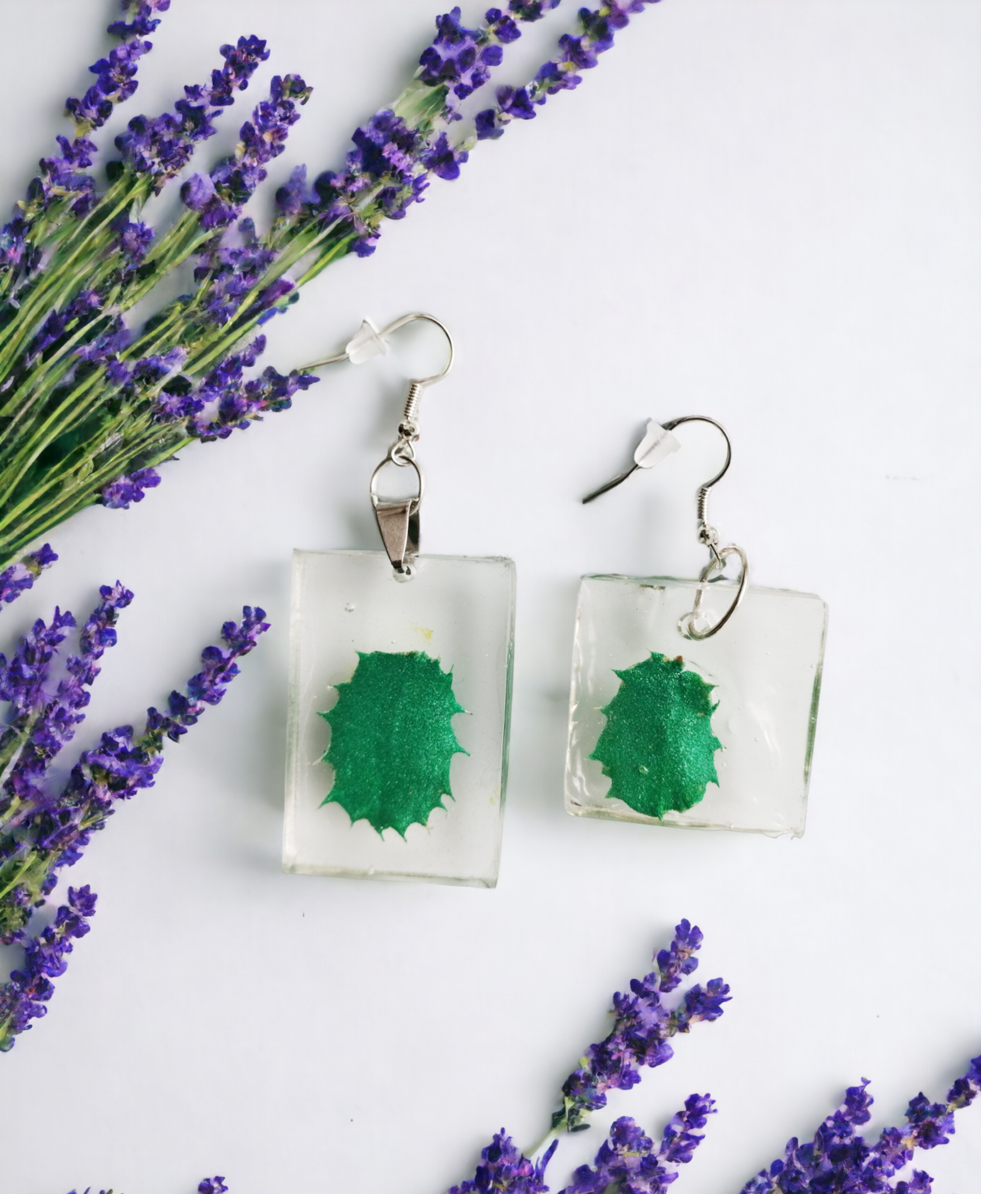 Pendientes Cuadrados y Rectangulares con Hojas de Encina en Resina Epoxi Verde - 5