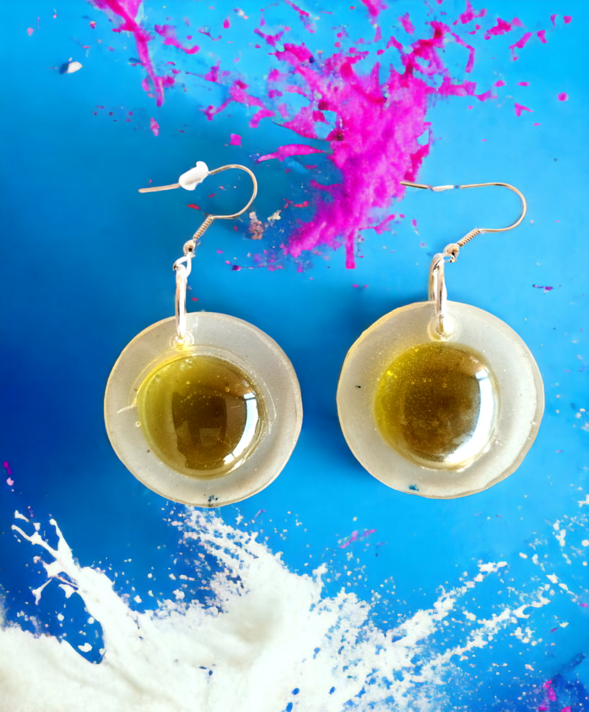 Pendientes Redondos de Resina Epoxi con Gota de Color Amarillo Claro - 2