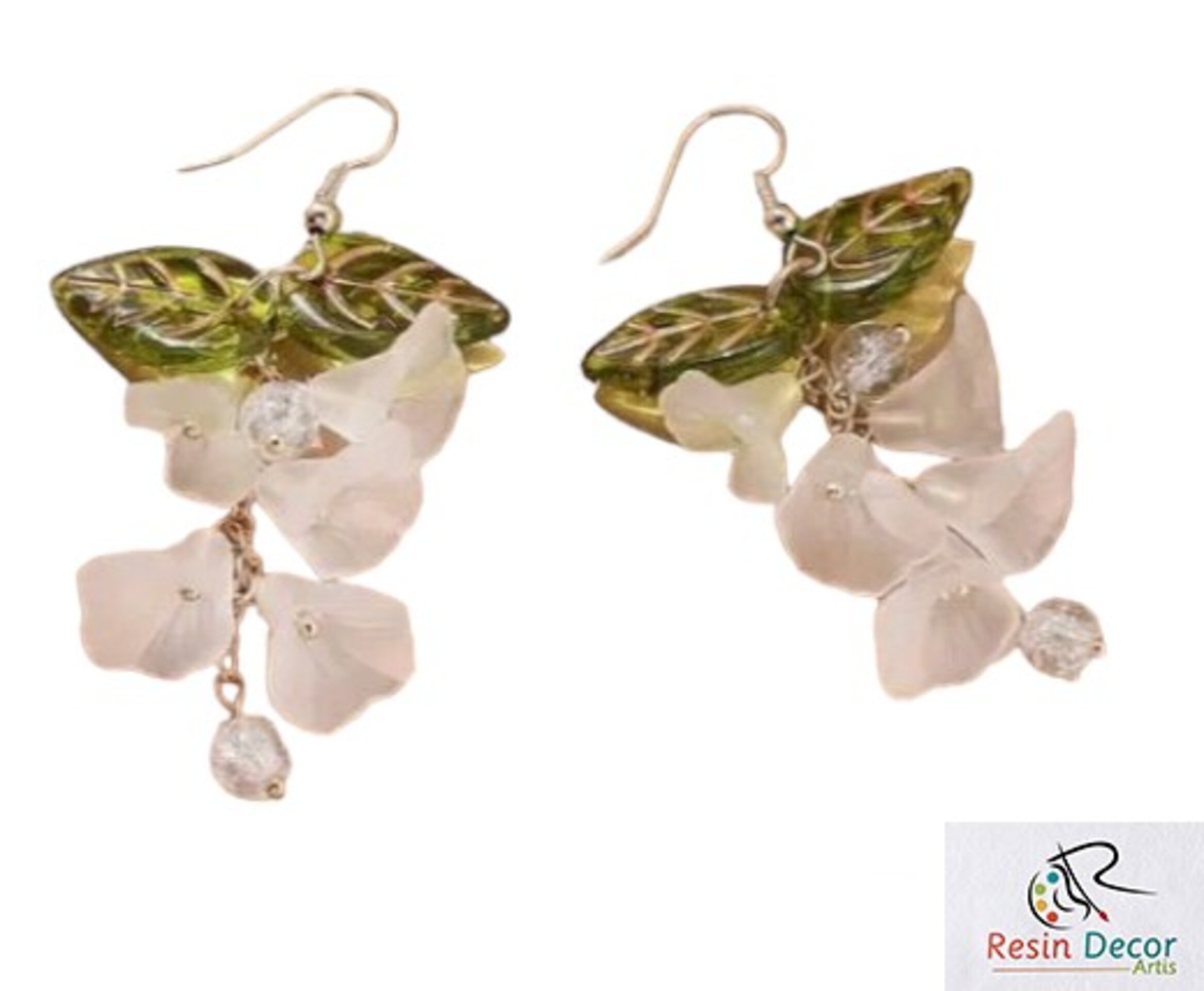 Pendientes colgantes en resina epoxi en forma de flores blancas y hojas verdes - 3