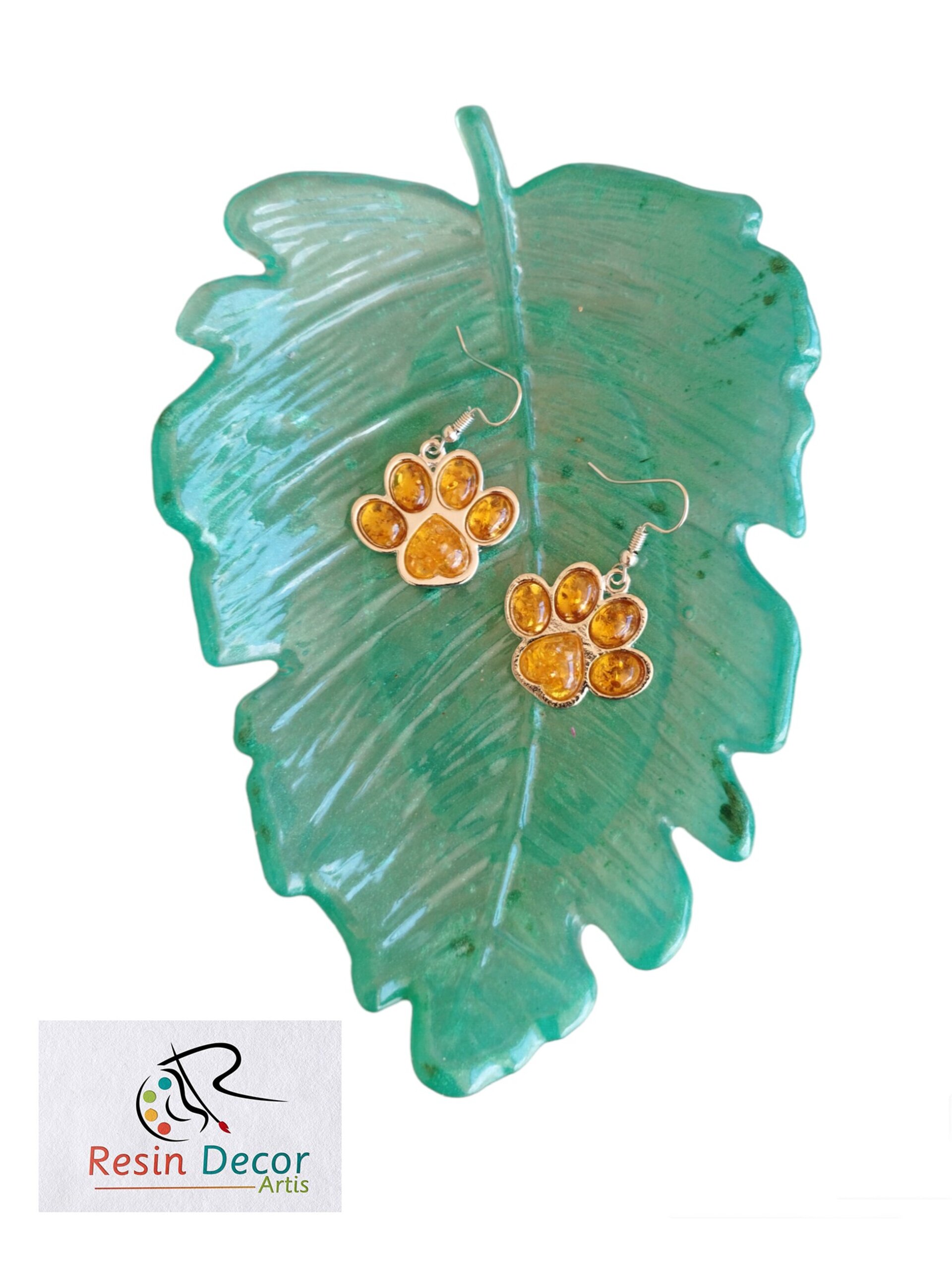 Pendientes en resina epoxi de huella de perro color ambar - 2