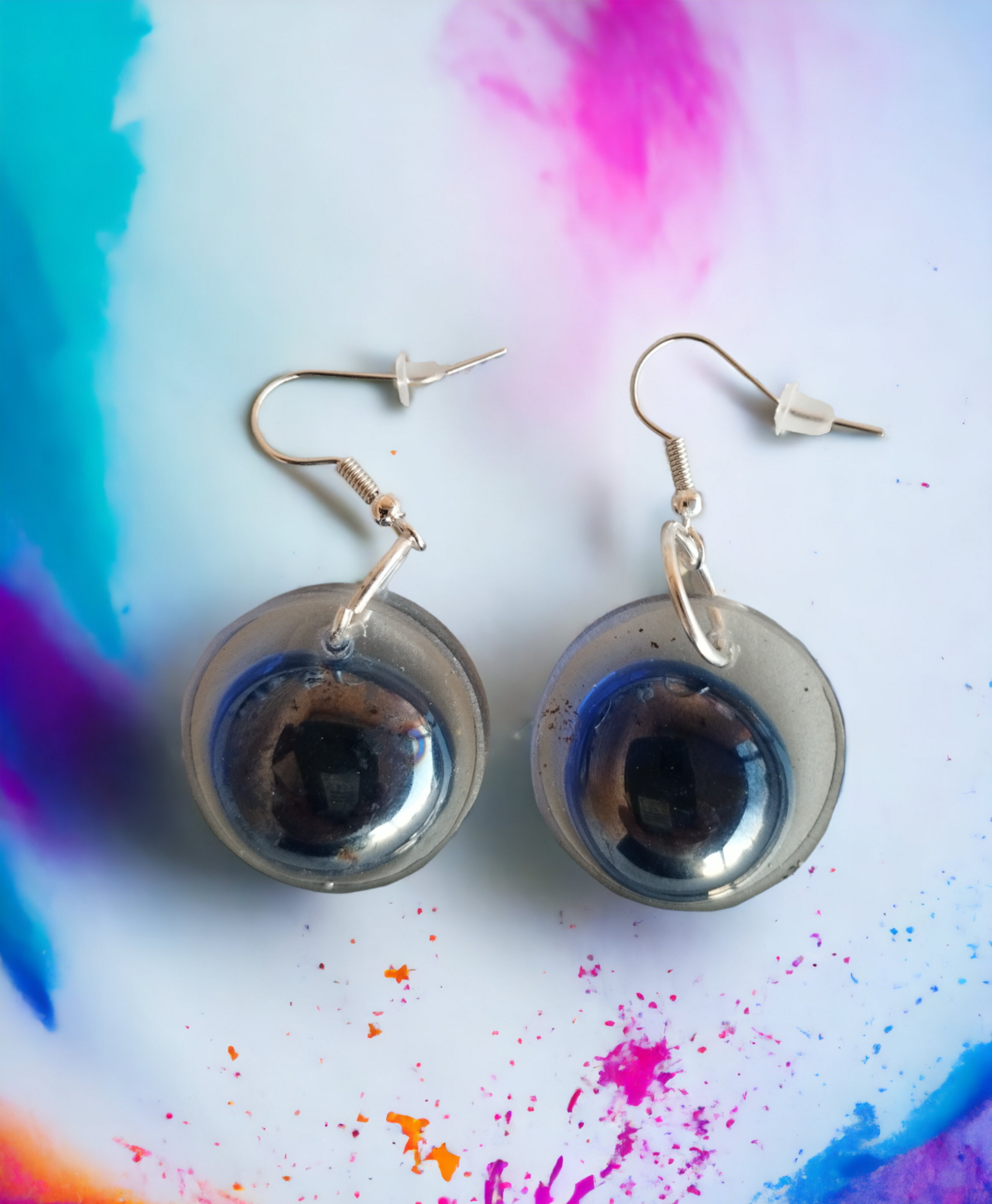 Pendientes Redondos de Resina Epoxi con Gota Azul con Reflejos - 6