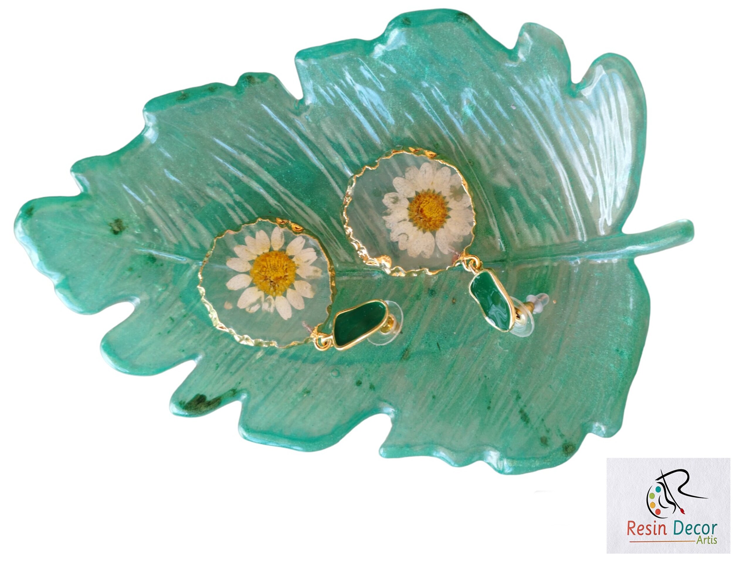 Pendientes de gota de flor de margarita natural de resina epoxi - 5