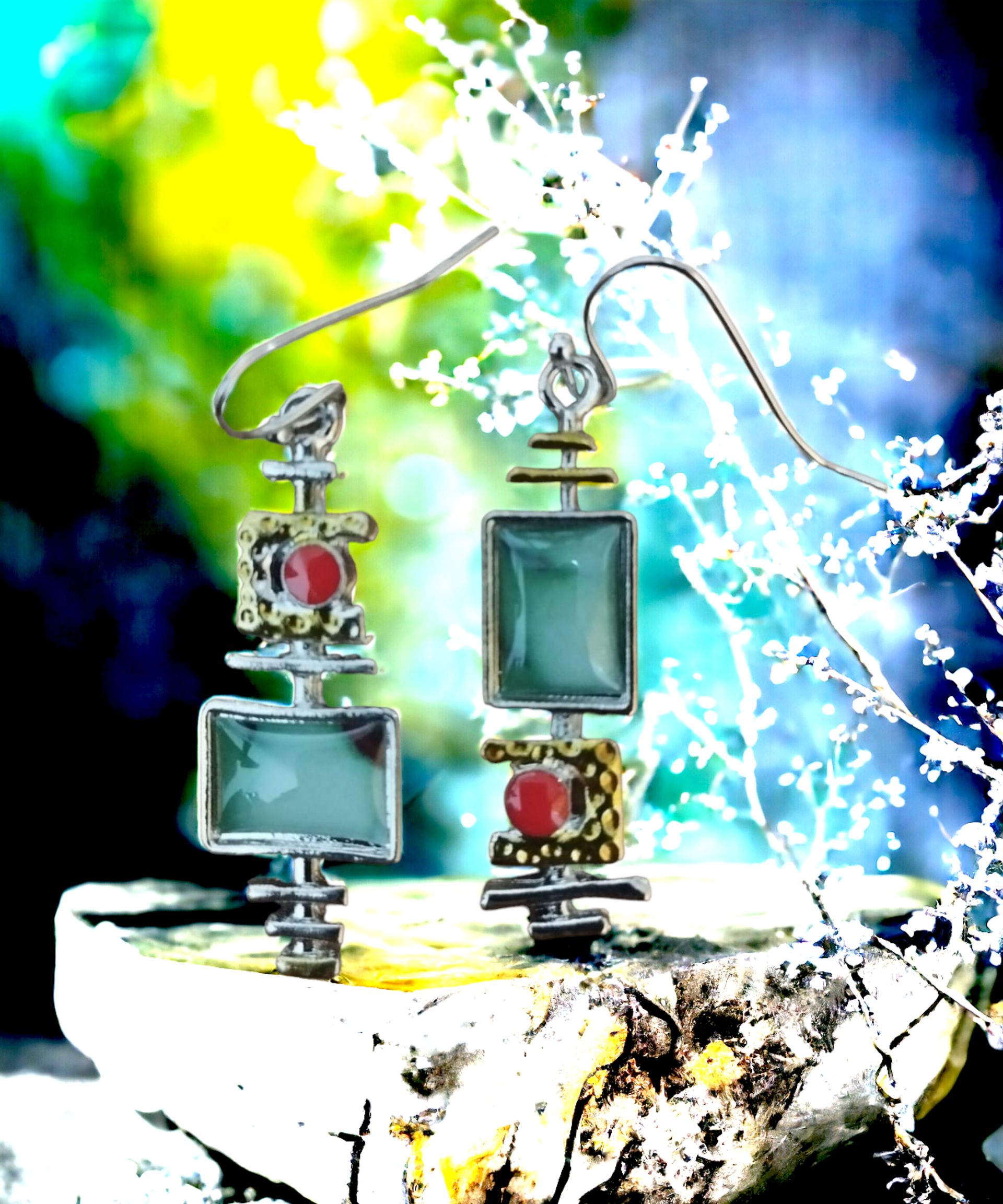 Pendientes Boho Vintage Geométricos con Ópalo Verde  Resina Epoxi: Encanto Retro - 5