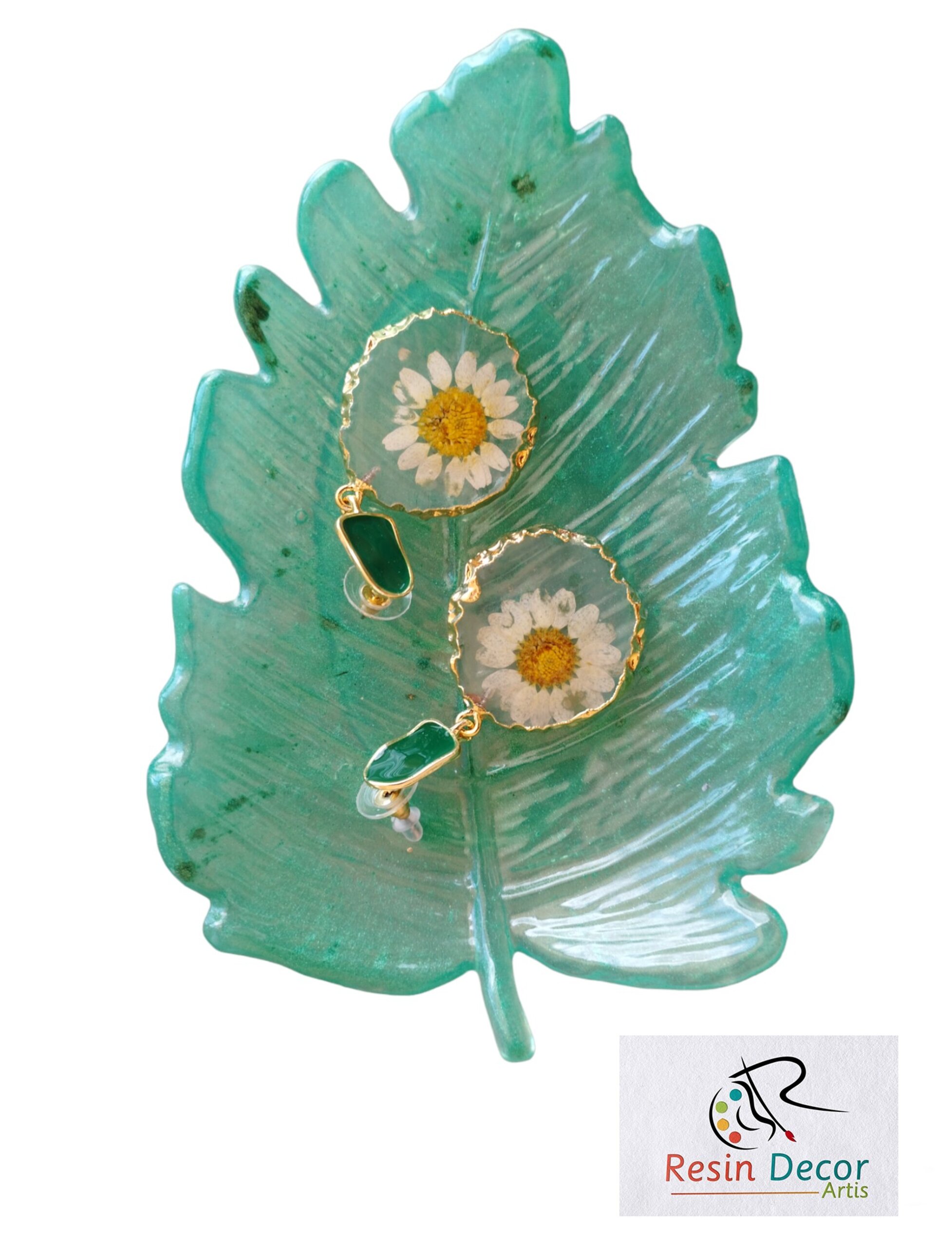 Pendientes de gota de flor de margarita natural de resina epoxi - 4