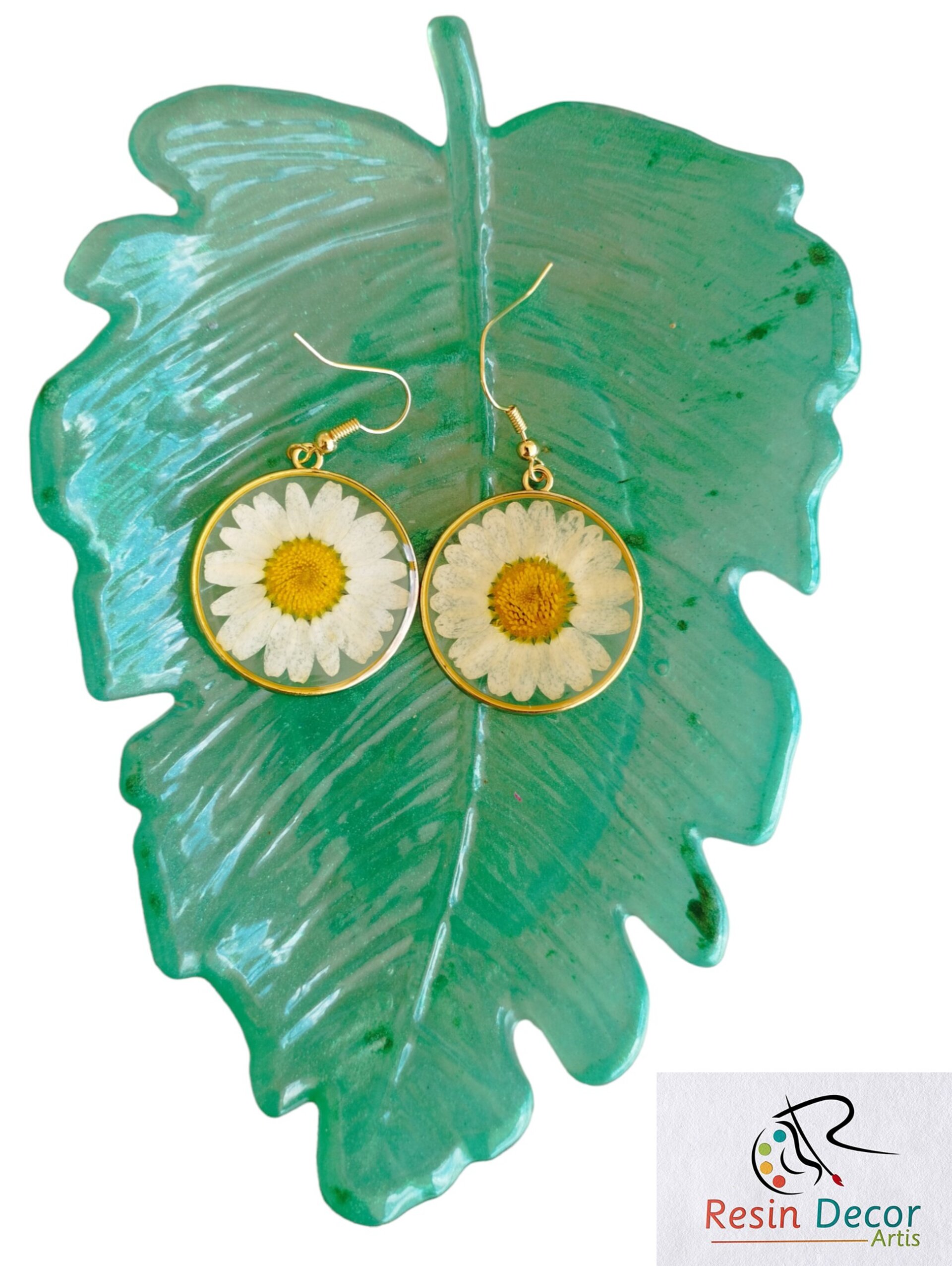 Pendientes colgantes de resina epoxi de margaritas prensadas - 8