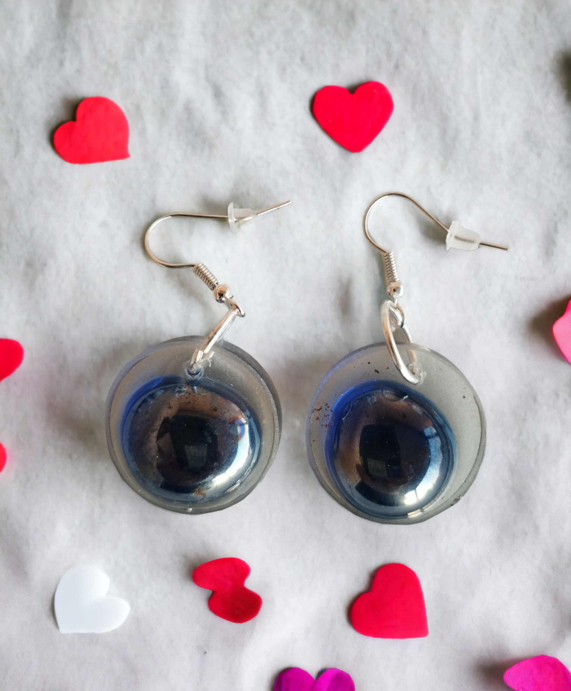 Pendientes Redondos de Resina Epoxi con Gota Azul con Reflejos - 2
