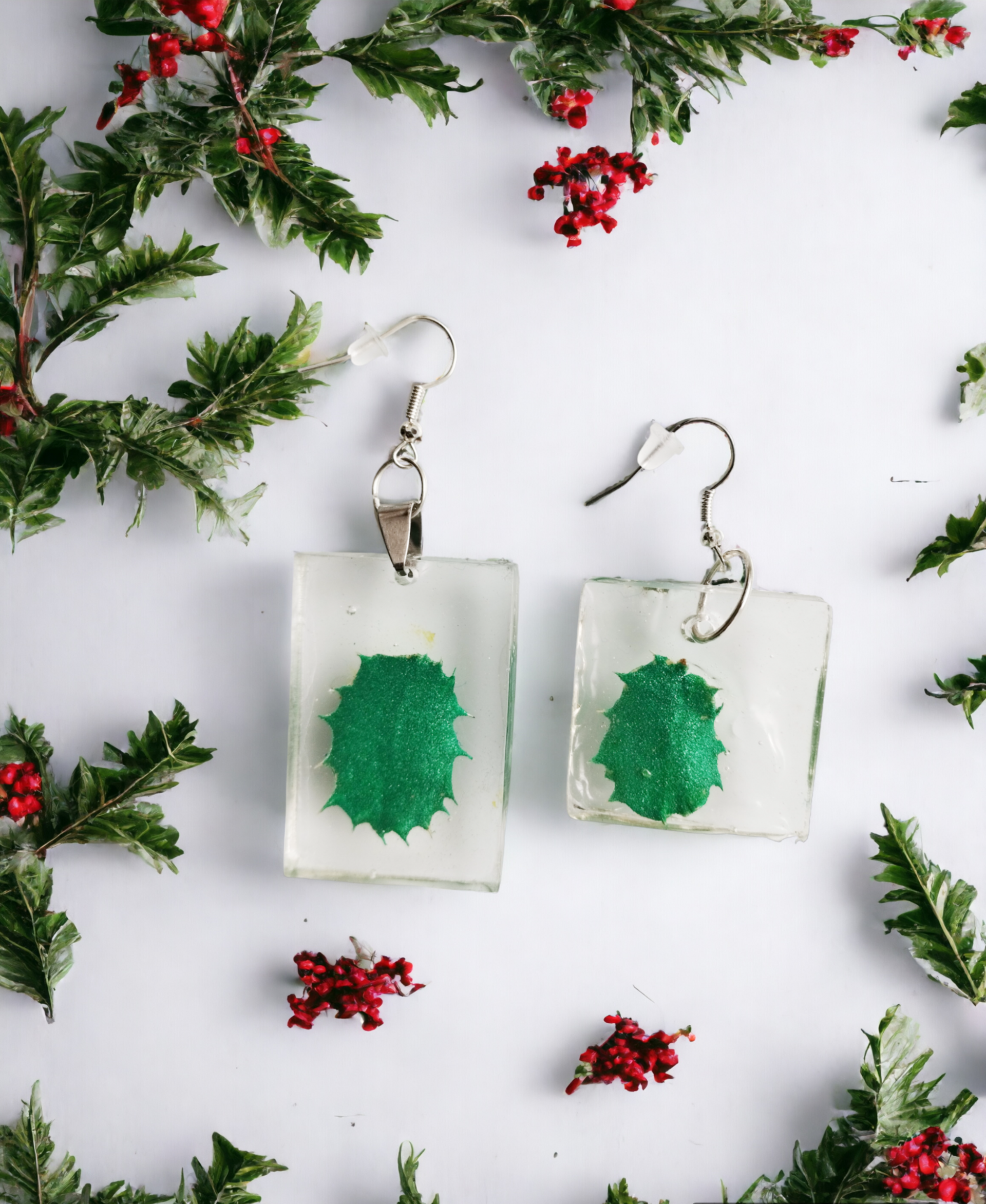 Pendientes Cuadrados y Rectangulares con Hojas de Encina en Resina Epoxi Verde - 6