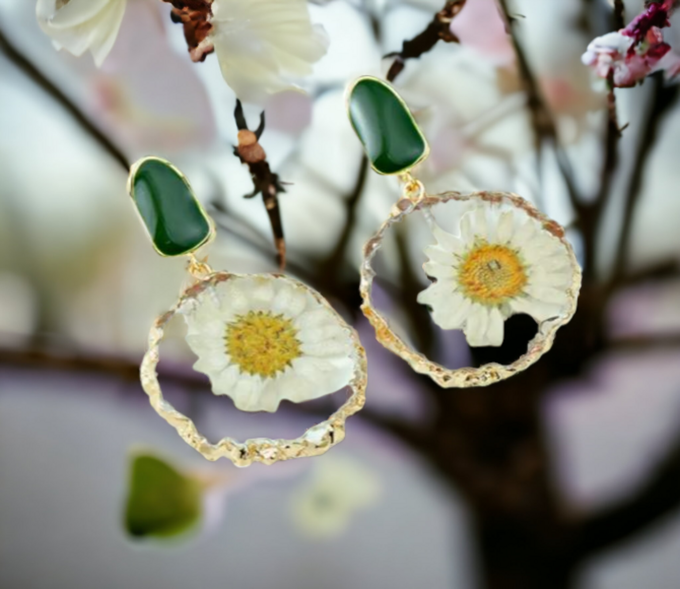 Pendientes de gota de flor de margarita natural de resina epoxi - 3