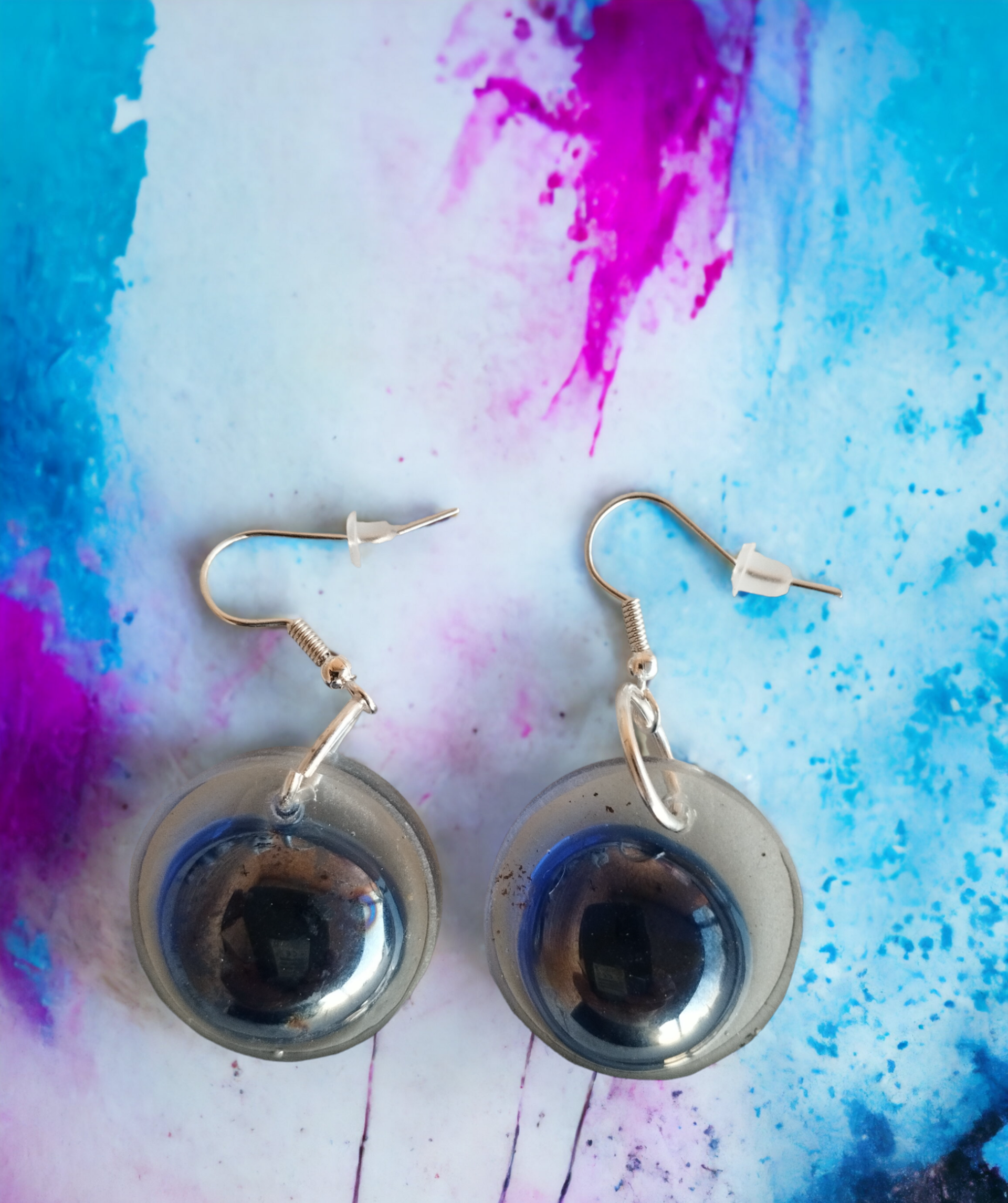 Pendientes Redondos de Resina Epoxi con Gota Azul con Reflejos - 3
