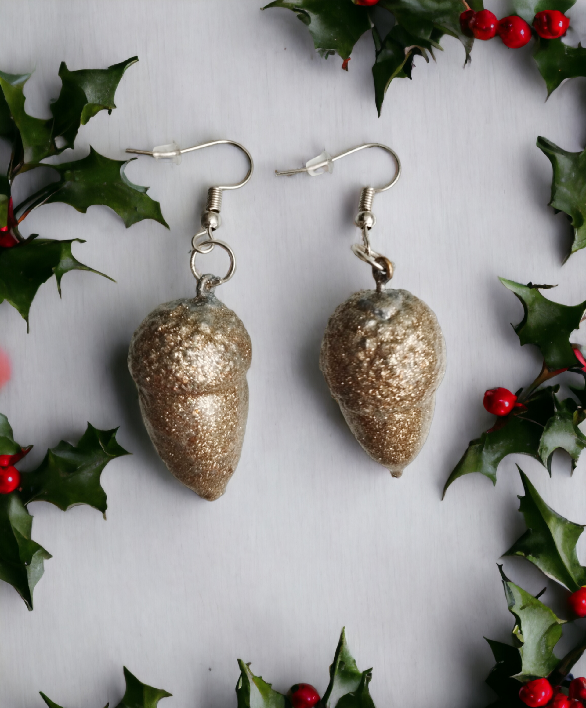 Pendientes de Bellotas Naturales con Resina Epoxi y Purpurina Dorada - 6