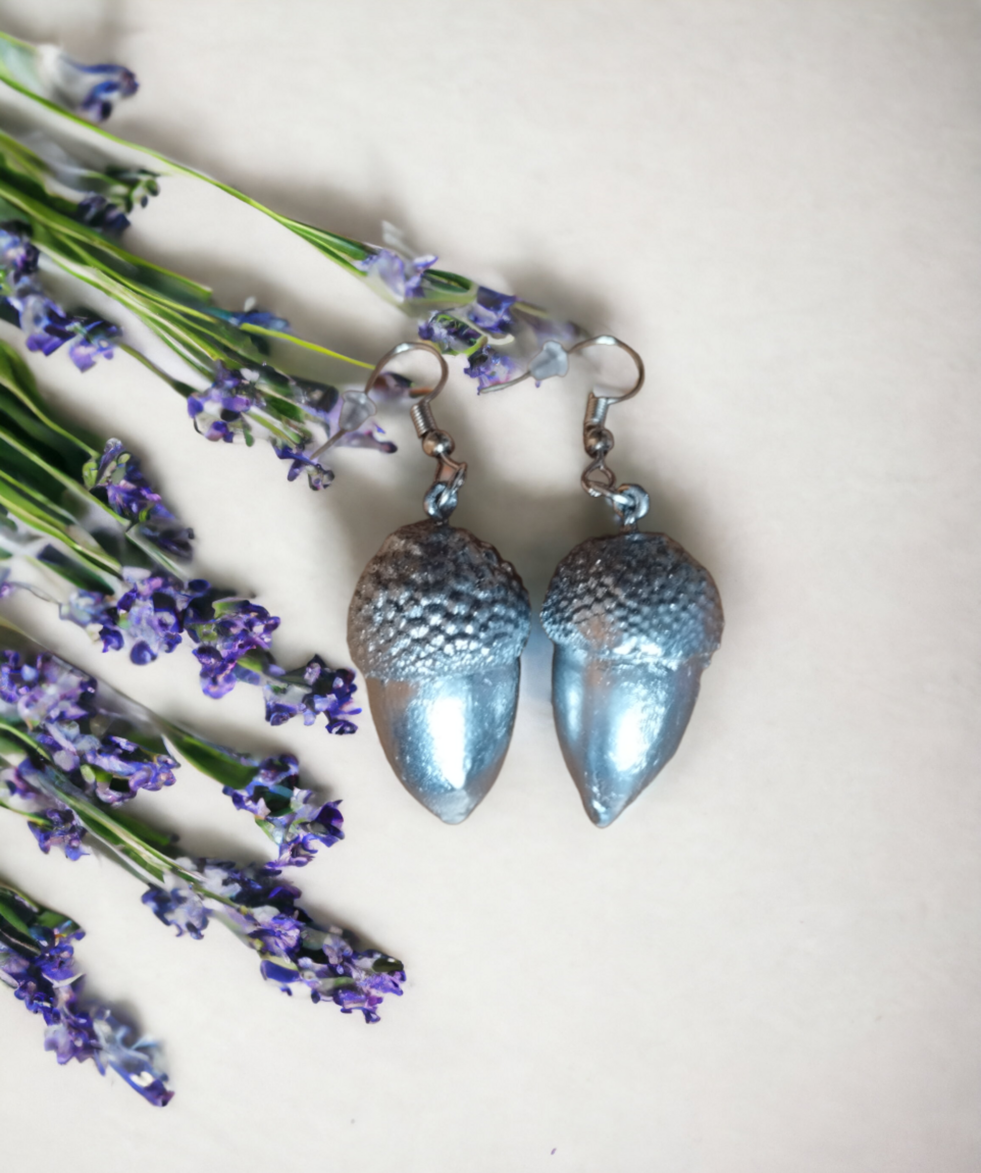 Pendientes de Bellotas Naturales en Plata Cromada - 3